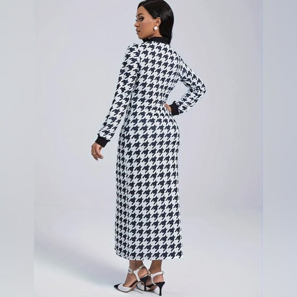 Houndstooth Print Belted Longline Blazer Dress - Black and White - Picture 4 of 4